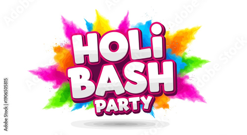 Holi Bash Party logo, colorful splatter design, festival celebration vector, for banner or poster or social media, isolated on transparent background, png