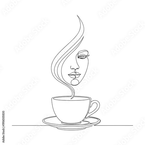 Charming line art illustration of a steaming teacup with a woman's face for women's empowerment and coffee shop branding