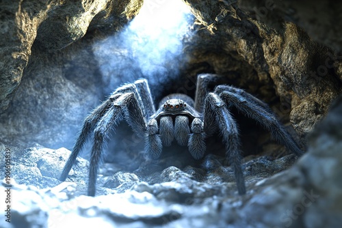 Tarantula emerges in a blue glow from a dark cave, a dramatic, eerie moment
