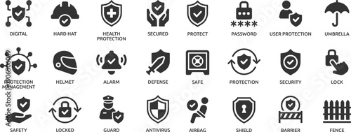Protection icon set. Containing safe, shield, lock, security, alarm, umbrella, guard, fence and more.