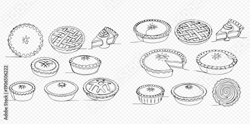 Set of various hand-drawn pies and tarts, including whole and sliced desserts, in outline style.