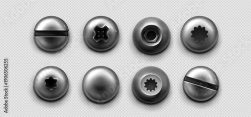 Metal screws and bolts with different head types, realistic vector illustration top view. 3d steel hardware elements, nuts and rivets with silver polish effect isolated on transparent background