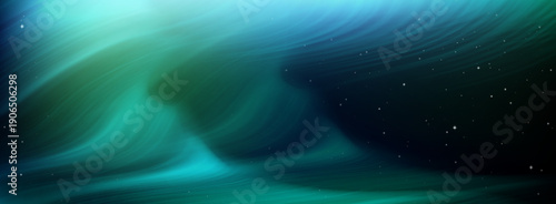 Aurora borealis lights in northern starry sky with vibrant green blue gradient realistic vector background. Magical polar night atmosphere, abstract winter arctic bg with neon light