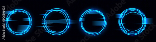 Glitch effect circle frame with neon digital distortion. Cyber punk blue graphic design with broken pixel rings and futuristic light elements on dark transparent background