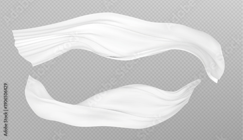 White silk fabric flowing in the air, realistic vector isolated on transparent background. Smooth cloth, textile with soft curves, flying wind movement or falling effect. Satin drape for luxury design