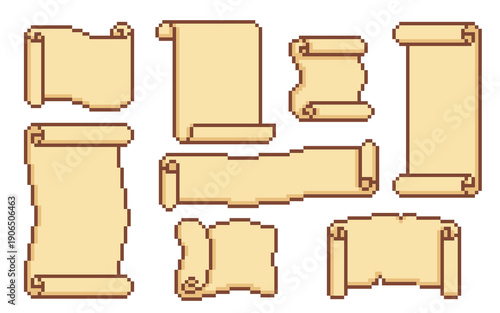Pixel art game scrolls, vintage parchment texture frames and decorative borders, cartoon vector isolated on white. Treasure maps templates, medieval banners, or retro video game UI design elements