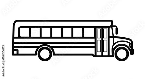 Simple black and white line drawing of a classic school bus