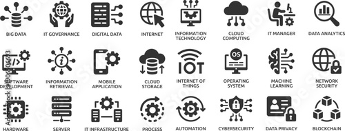 Information Technology icon set. Containing cloud computing, IT manager, big data, data analytics, internet, network security and more.