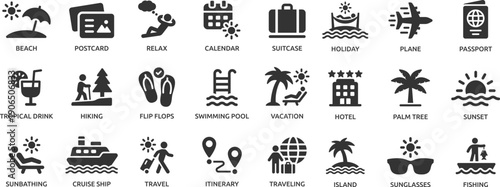 Holiday icon set. Containing vacation, plane, passport, hotel, palm tree, travel, beach, sunset, island and more.