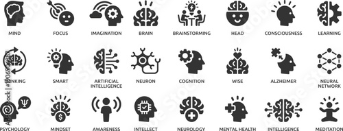 Brain icon set. Containing mind, brainstorming, head, neuron, cognition, thinking, intelligence and more.