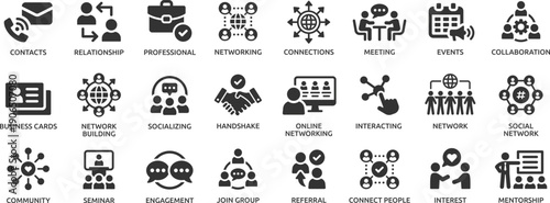 Networking icon set. Containing network, connections, relationship, online networking, community, events and social network icons.