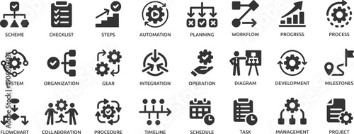 Workflow icon set. Containing process, planning, progress, scheme, management, diagram, flowchart and more.