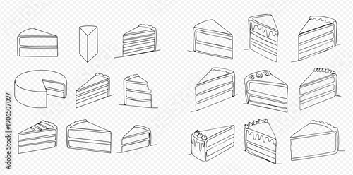 Set of hand-drawn cake slices and whole cakes in outline style, perfect for dessert menus or bakery designs.