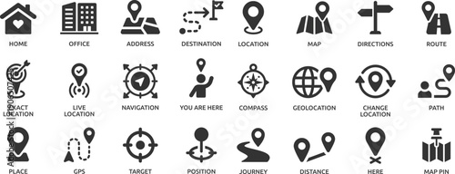 Location icon set. Containing map, map pin, gps, destination, directions, distance, place, navigation and address icons.