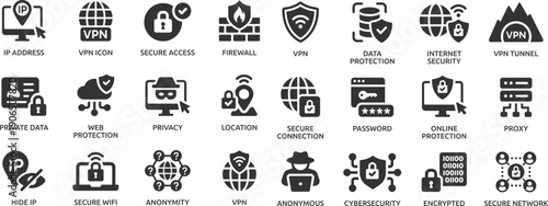 VPN icon set. Containing secure connection, cybersecurity, privacy, encrypted, proxy, firewall, online protection and more.