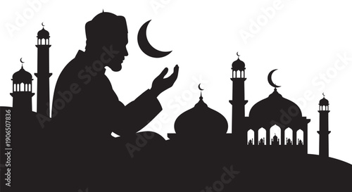 Man praying under crescent moon with mosque silhouette at night