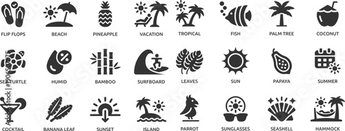 Tropical icon set. Beach, island, coconut, summer, parrot, fish, palm tree, cocktail, vacation, banana leaf and more.