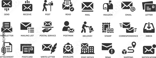 Mailing icon set. Containing mail, email, mailbox, letter, send, receive, post office and envelope icons.