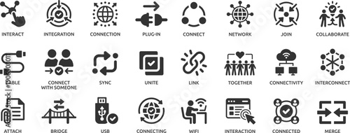 Connect icon set. Containing network, join, collaboration, connectivity, interaction, cable, integration and connection icons.