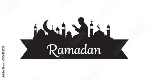 Ramadan Silhouette with Mosque and Crescent Moon in Elegant Banner Style