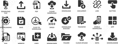 Download icon set. Containing upload, document, link, download file, folder, data and PDF icons.
