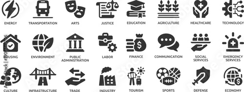 Sector of society icon set. Containing agriculture, education, healthcare, energy, technology, transportation, arts, justice and more.