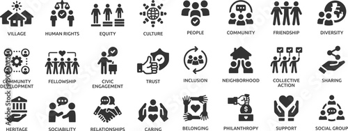 Community icon set. Containing people, friendship, social, diversity, village, relationships, support and community development icons.