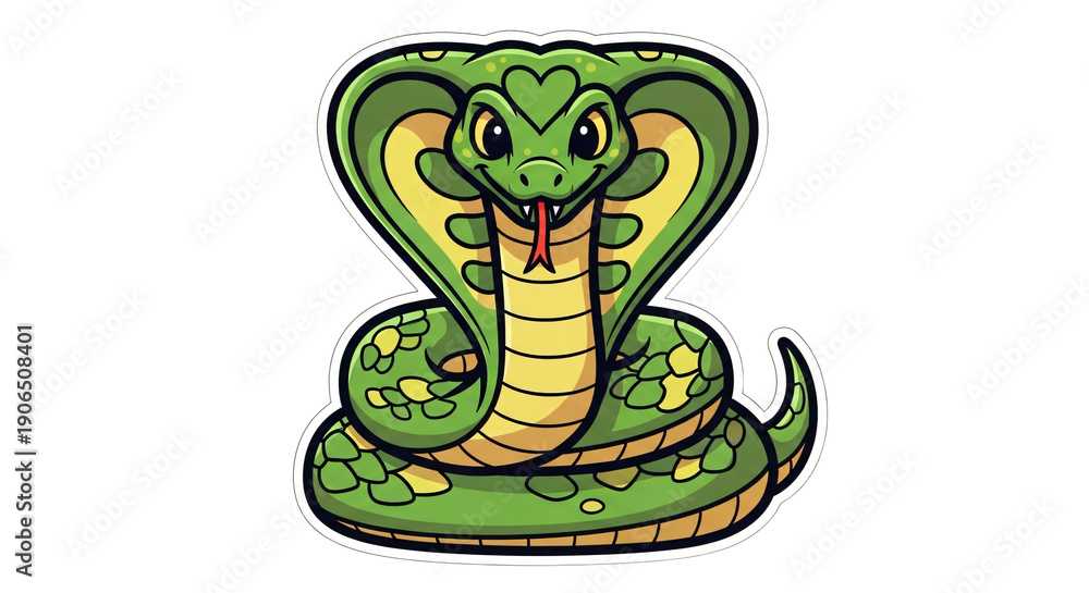 Naklejka premium Playful Cartoon Green Cobra Icon with White Outline for Stickers