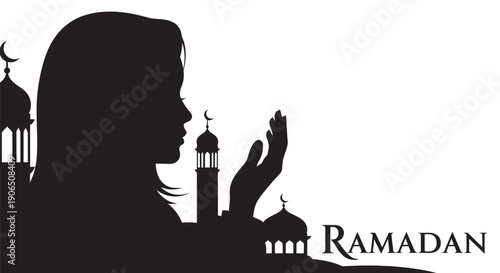 Woman silhouette praying during Ramadan with mosque silhouette background