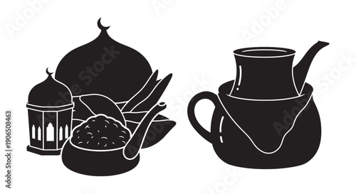 Arabic Coffee and Dates Silhouette Illustration with Traditional Pot and Spices