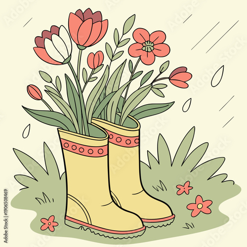 Rain Boots Filled with Blooming Flowers, Whimsical Garden Art