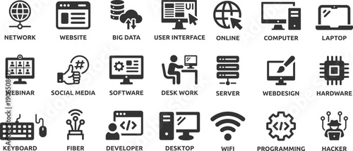 Internet computer icon set. Containing online, computer, network, website, server, web design, hardware, software and programming.