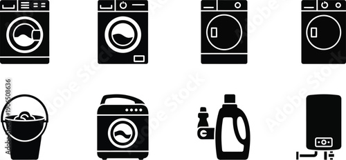 Collection of black and white line art icons depicting various types of laundry appliances and domestic cleaning equipment for household use