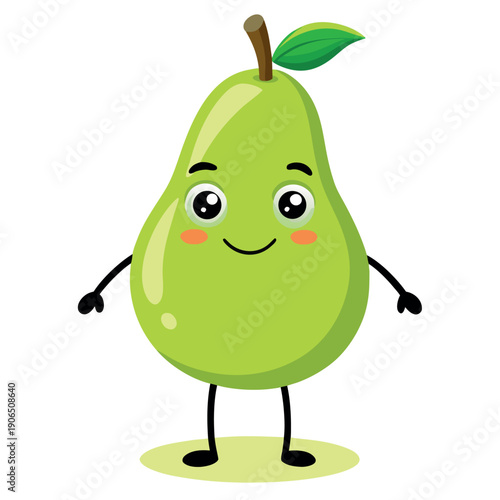 A cheerful cartoon pear character with a smile and rosy cheeks