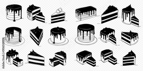 Delicious chocolate cakes and slices with frosting, vector illustration set.