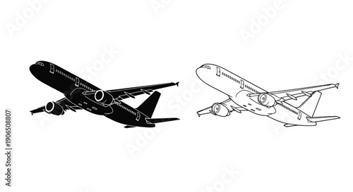 Line art depictions of an airplane in two different perspectives
