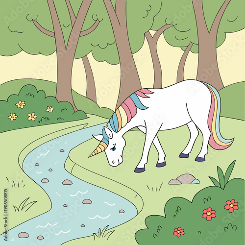 Mystical Unicorn Drinks from a Crystal Stream in Enchanted Forest