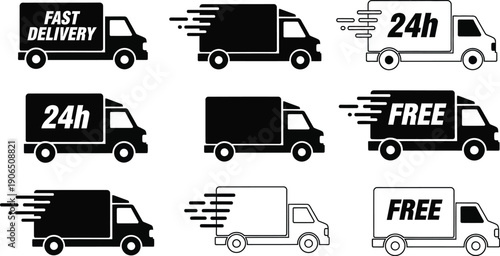 Shipping and delivery service delivery trucks concepts of speed and cost. 24-hour service free delivery and returns