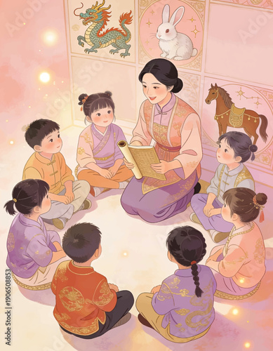 Educational textured vector art illustration of children sitting together listening to a Chinese zodiac storytelling session