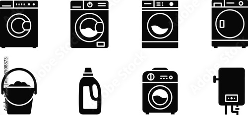 Collection of black and white line art icons depicting various types of laundry appliances and domestic cleaning equipment for household use