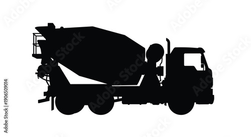 Black silhouette of a concrete mixer truck against a white background silhouette