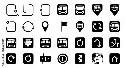 Bus route icon set silhouette black vector public transport