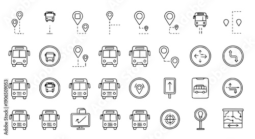 Outline bus route icon set black vector line art transit