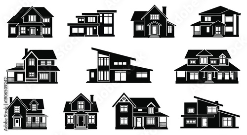 Collection of black silhouette house icons in various architectural styles