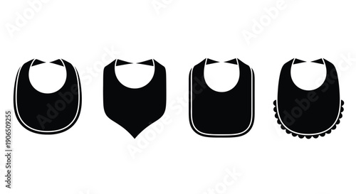 Four baby bibs displayed in a clean black silhouette