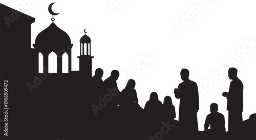 Silhouetted Muslim community gathering near mosque with crescent moon at night