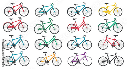 Colorful bicycles arranged in a grid pattern against a white background