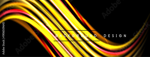 Dynamic abstract lines, vibrant yellow, red hues. Smooth curves create flowing visual effect against black backdrop. Modern design element.