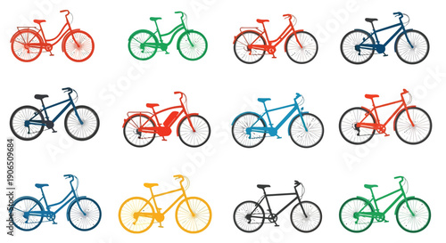Colorful bicycles arranged in a grid pattern on a white background