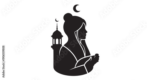 Muslim woman praying during Ramadan with mosque silhouette